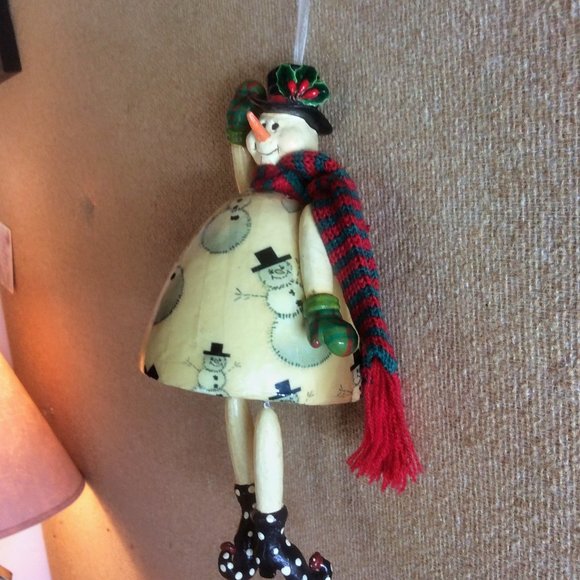 Snowman Ornament Shelf Sitter Paper Mache Striped Scarf Mittens Elf Shoes - Picture 3 of 7